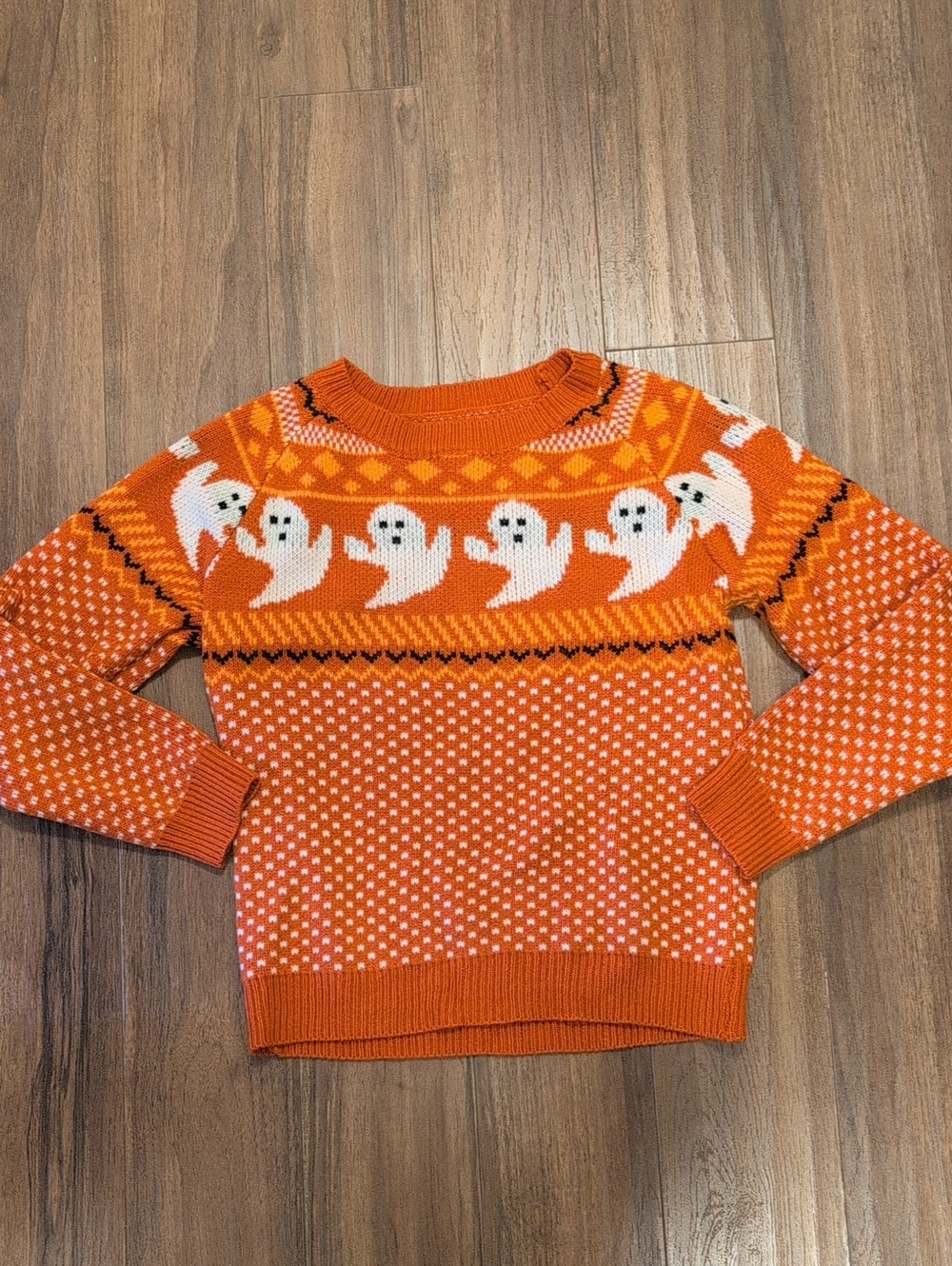 S/M SHEIN Orange & White Ghost Pattern Crewneck Sweater